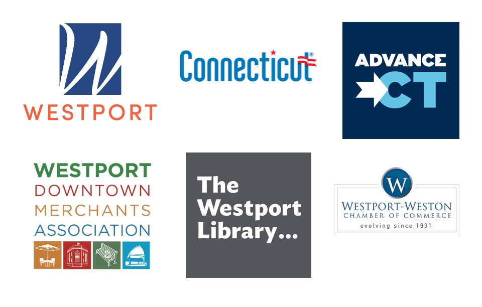 Six Logos including Town of Westport, Connecticut, Connecticut Economic Resource Center, Westport Downtown Merchants Association, Westport Library, Westport-Weston Chamber of Commerce.